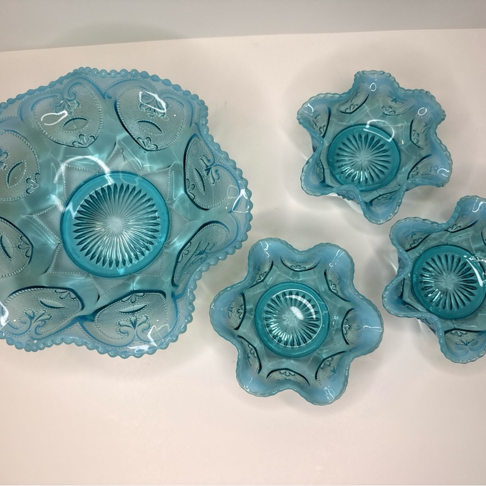 Northwood Jewel Heart Opalescent Ruffled Scalloped Blue Bowls - Picture 10 of 10